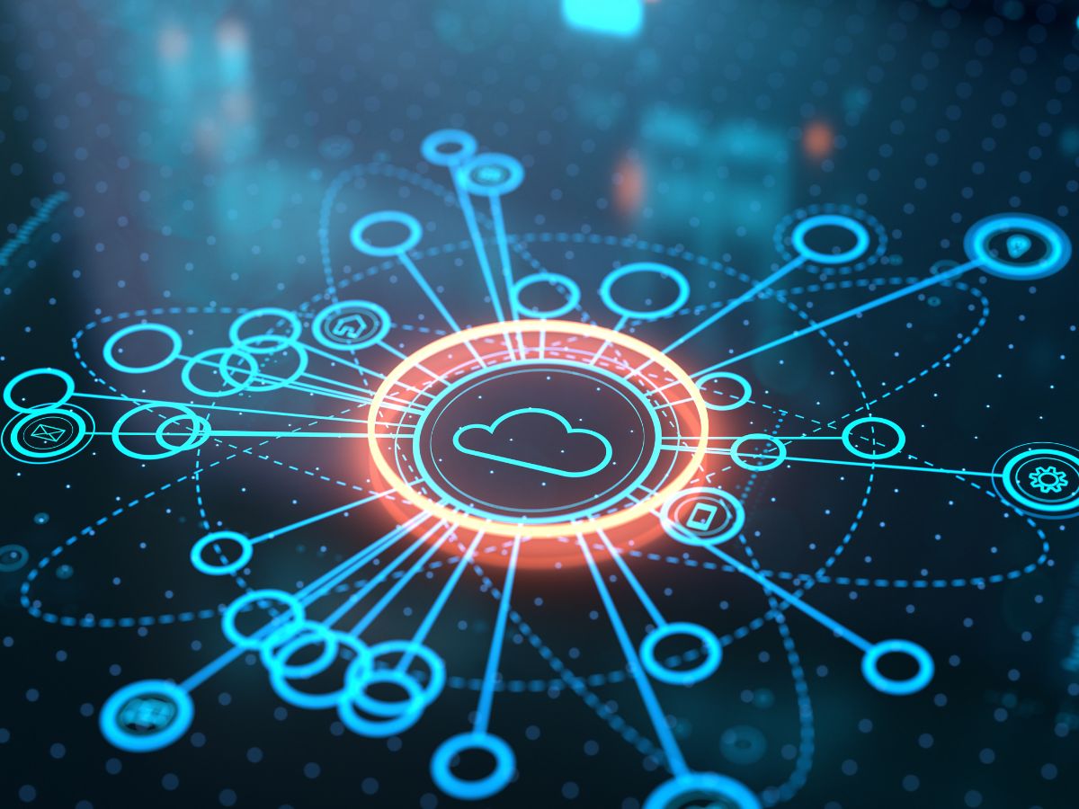 A tech image of a cloud connected to a web of circles.