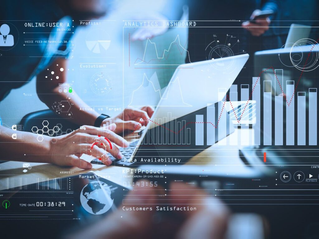 A digital bar graph is superimposed over an image of someone typing on a laptop. This represents submittal management in Procore.